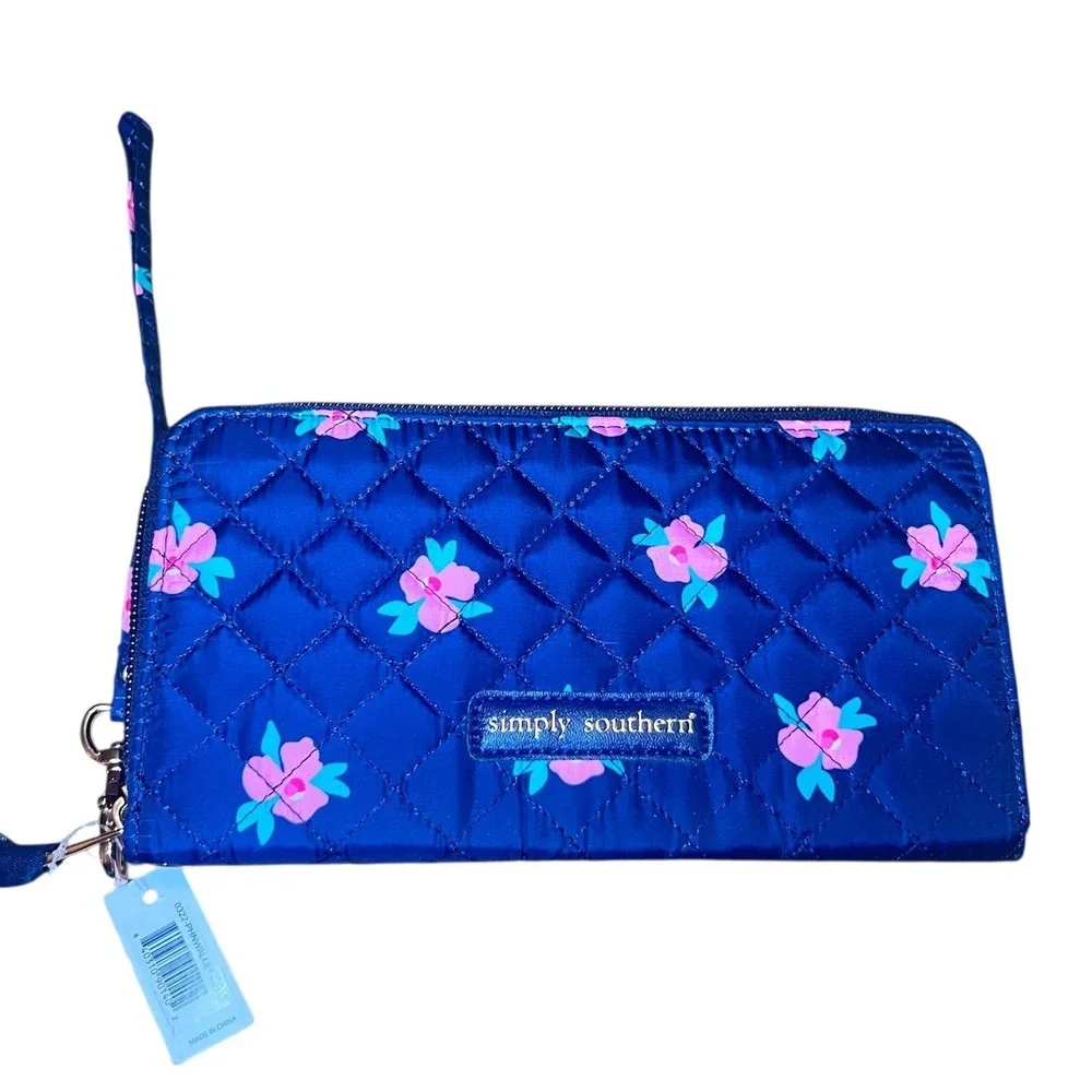 New Simply Southern‎ Wallet Wristlet Clutch Quilted Floral Rose Navy Blue Cash